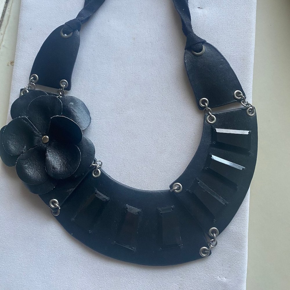"leather" flower statement necklace